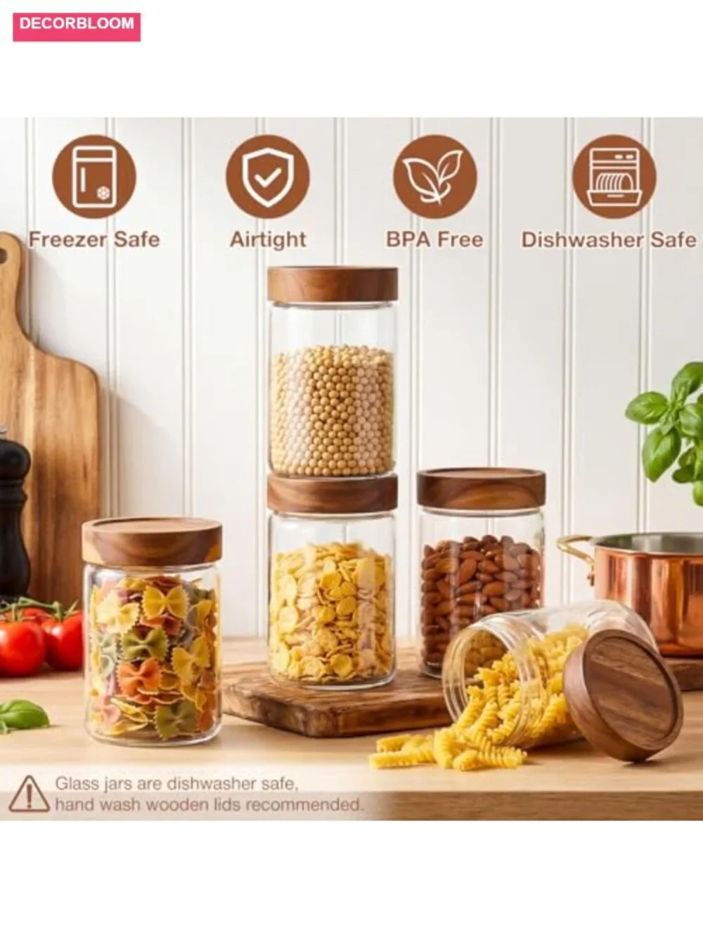 28oz Glass Storage Jars with Wood Lids - Airtight Pantry Containers (6-Pack)